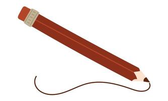 A colored red pencil draws lines. A flat illustration of a single pencil with a line. An isolated school subject for learning. The line is thin drawn on white. Drawing on white vector