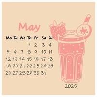 May calendar design for 2025 with a glass of pink Strawberry smoothie with banana. The spring month. A painted calendar planner in a minimalistic style, an annual organizer. Numbers for every day vector
