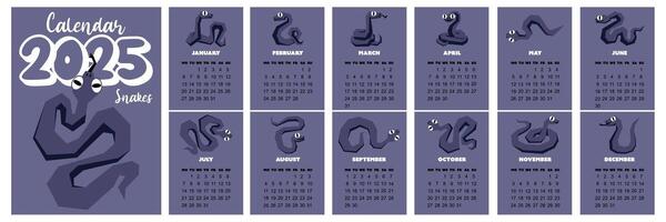 Calendar with a cover for 2025 with a snake. 12 months, starting on Sunday. The New Year of the Snake. Lunar New Year or Chinese New Year. A blue curved snake and a full moon on a light blue. Broken vector
