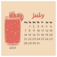 July calendar design for 2025 with a glass of cool pink watermelon-lime smoothie. The summer month. A painted calendar planner in a minimalistic style, an annual organizer. Numbers for every day vector