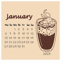 January calendar design for 2025 with a mug of hot chocolate with marshmallows. The winter month. A painted calendar planner in a minimalistic style, an annual organizer. Numbers for every day vector