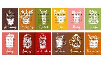Calendar design for 2025 with different drinks for different seasons. painted calendar planner in a minimalistic style, an annual organizer. Bright background with white silhouette of numbers vector