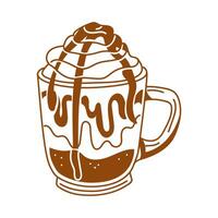mug of iced latte with caramel and whipped cream and caramel syrup. Brown coffee summer soft drink with air cream and syrup on a white background. glass glass with a refreshing drink. Isolated vector