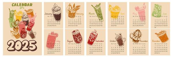 The design of the calendar for 2025 with various drinks in bright colors on a light cover. A painted calendar planner in a minimalistic style, an annual organizer. Figures for each month and day vector
