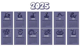 calendar for 2025. 12 months, starting on Sunday. New Year of the Snake. Lunar New Year or Chinese New Year. blue curved snake and full moon on a light blue background. character about zodiac animals. vector