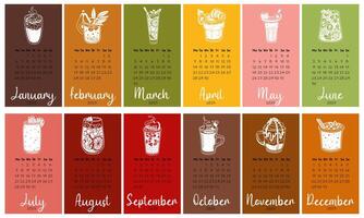 Calendar design for 2025 with different drinks for different seasons. A painted calendar planner in a minimalistic style, an annual organizer. Bright background with a white silhouette vector