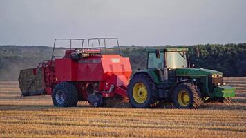 Modern tractor collects dry grass and pressing it into bale. Agricultural process of gathering hay on the golden field. Close-up. video