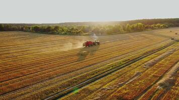 Tractor is collecting dried grass on the beautiful field background. Agricultural machine at seasonal works in summer. Motion camera forward. video