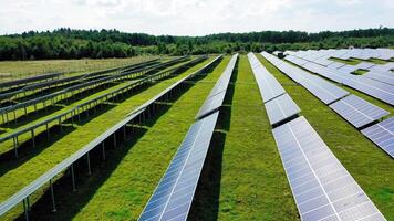 Many rows of solar panels on the field. Renewable energy farm with sun lighting to create the clean electric power. Alternative energy. video