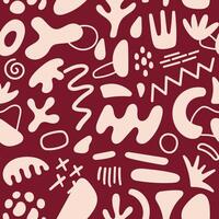 Abstract geometric shapes seamless pattern. Hand drawn various shapes and doodle objects. Abstract contemporary modern style pattern. Trendy burgundy illustration. Stamp texture. vector