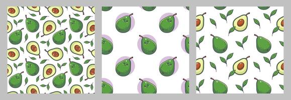 Cute Kawaii Avocado character whole and cut seamless patterns set. hand drawn illustration. Avocado character in Cartoon manga style. Avocado pattern collection vector