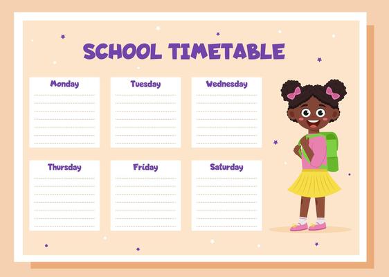 School timetable. Study weekly planner with schoolgirl.