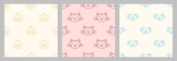 Cat, dog, duck face, muzzle patterns set. Kids textures in doodle style for designing baby clothes. Hand drawn seamless pattern with cartoon characters. Bohemian nursery prints collection. vector