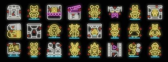 Puppet show icons set featuring various puppets, stages, and equipment in neon style vector