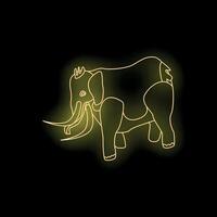 Yellow neon elephant walking on black background vector