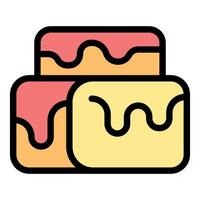 Two tiered cake dripping with pink and yellow frosting vector