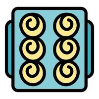 Baking tray holding six delicious round pastries with swirls, ready for the oven vector