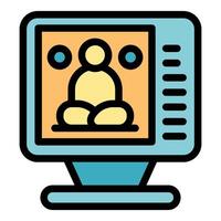 Computer screen showing meditating person icon, relaxing with online meditation app vector