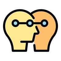 Two heads sharing thoughts and ideas through connected circles, knowledge transfer and collaboration vector