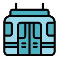 Modern tram or train front view with open doors, public transport icon vector