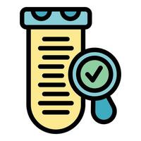 Magnifying glass showing check mark over test tube representing successful experiment vector