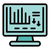 Computer showing declining bar graph and downward arrows vector