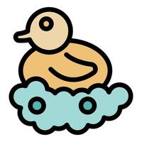 Cute yellow duck floating on water with bubbles, minimalist icon vector