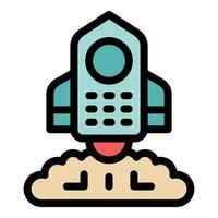 Rocket shaped phone launching from ground, mobile technology taking off vector