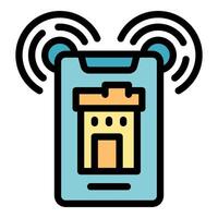 Smartphone showing building icon and emitting signals vector