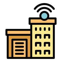 Smart building sending wireless signal with antenna on roof and garage vector