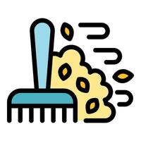 Rake gathering autumn leaves blown by wind, cleaning service icon vector