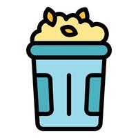 Overflowing trash can filled with popcorn and autumn leaves, cleaning up after a movie night vector