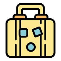 Yellow suitcase with stickers representing travel destinations and experiences vector