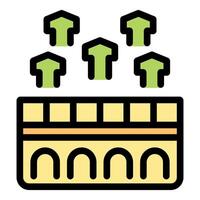 Green arrows rising above building with arches representing growth and success vector