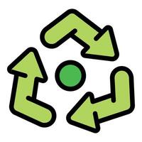 Green circular recycling symbol with three arrows rotating around a central dot vector