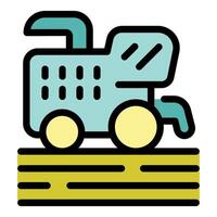 Combine harvester working on field icon, agriculture machine harvesting crop vector
