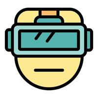 Person wearing virtual reality headset experiencing metaverse simulation vector