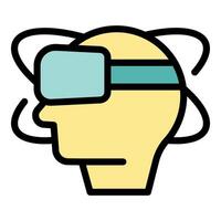 Human head wearing virtual reality headset experiencing metaverse simulation vector