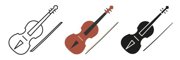 Violin. A simple set of musical instruments. Images of violins in different styles. vector