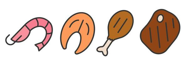 Meat for every taste. Different meat. The meat is colored with an outline. A set of different meats. vector