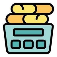 Bread weighing on electronic scale in bakery, measuring ingredients for baking vector