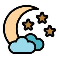 Crescent moon shining over clouds with stars, night sky icon vector