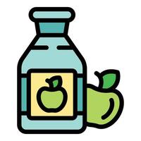 Green apple juice in glass bottle with apple icon label and fresh apple beside vector