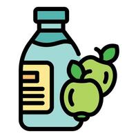 Plastic bottle of apple juice or vinegar with two green apples vector