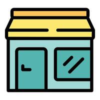Small business store front with yellow awning and window display promoting shopping vector