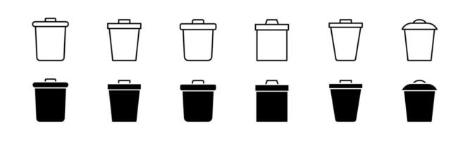 Trash bin icon set. Recycle trash can collection. Outline garbage basket vector