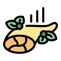 Hot smoked salmon with basil leaves falling down vector