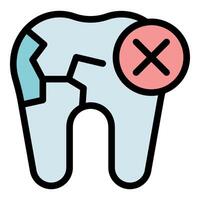 Damaged tooth showing cracks and a red cross signalling problems vector