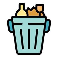 Trash can full of garbage and recyclable materials, bottles, cardboard, and glassware being discarded vector
