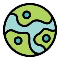 Green alien planet with turquoise continents and blue lakes, simple cartoon style icon vector